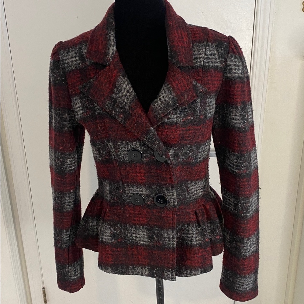Katherine Barclay Red/Black/Grey fitted Peplum Wool Plaid Blazer Size Small